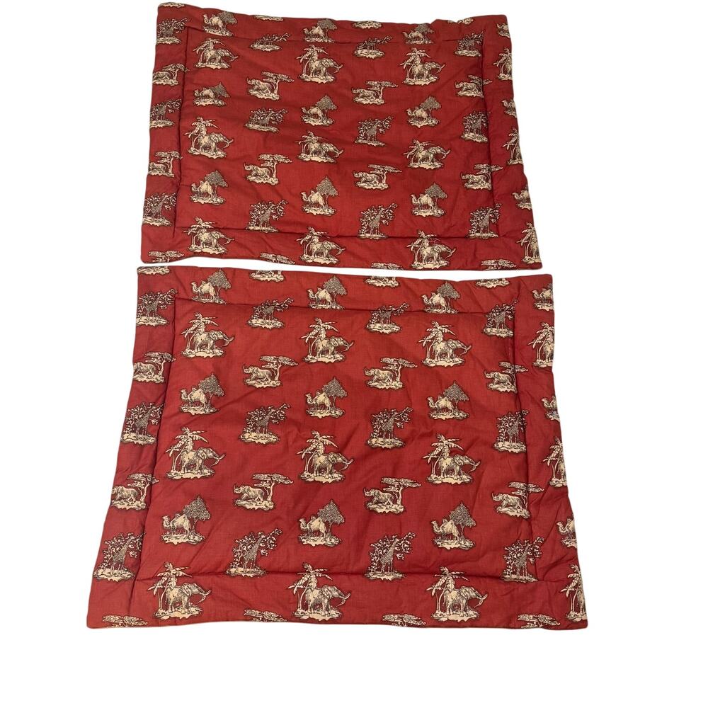 Safari Toile Pillow Shams Red Animal Print Elephants Giraffes Lions Set of 2